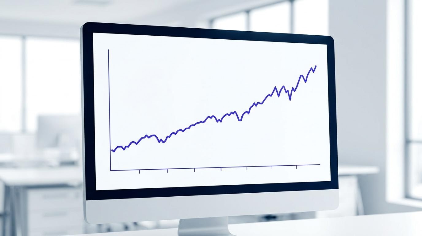Grafik indeks komposit berwarna biru yang bergerak naik di layar monitor