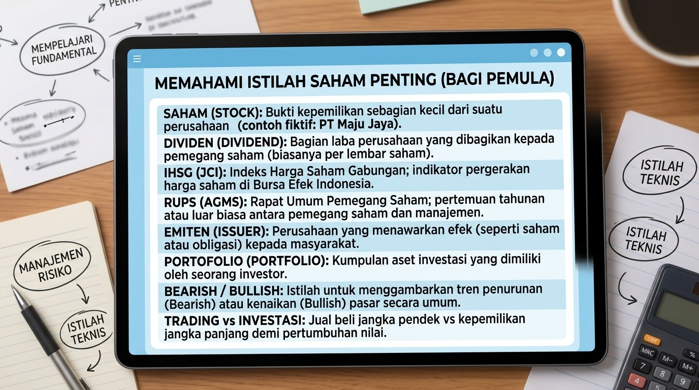 Layar menampilkan daftar istilah saham dengan penjelasan singkat