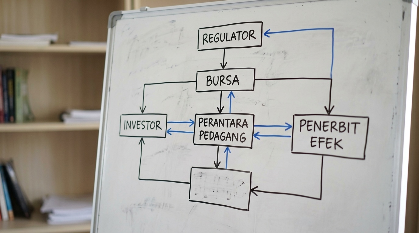 Diagram alur sederhana yang menggambarkan struktur pasar modal Indonesia