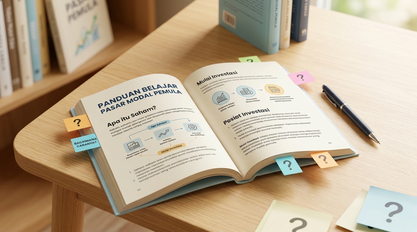 Buku panduan pasar modal terbuka di atas meja belajar dengan catatan